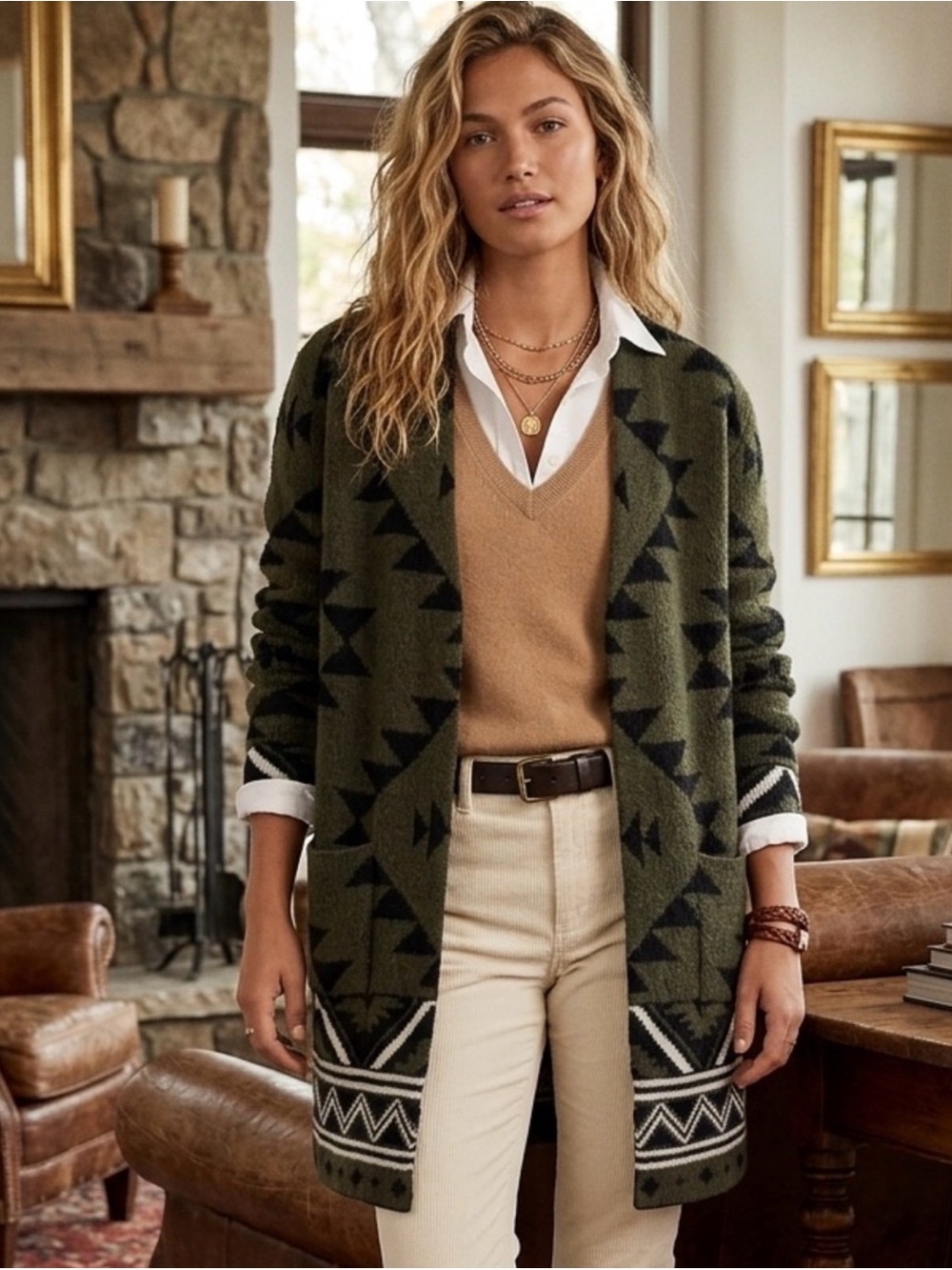 FRYE Olive Green Geometric Aztec Print Open-Front Cardigan Sweater Size Small